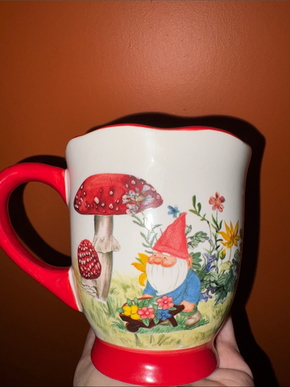 Set of 2 Cracker Barrel Gnome & Mushroom Ceramic Mug in White and Red Cottage